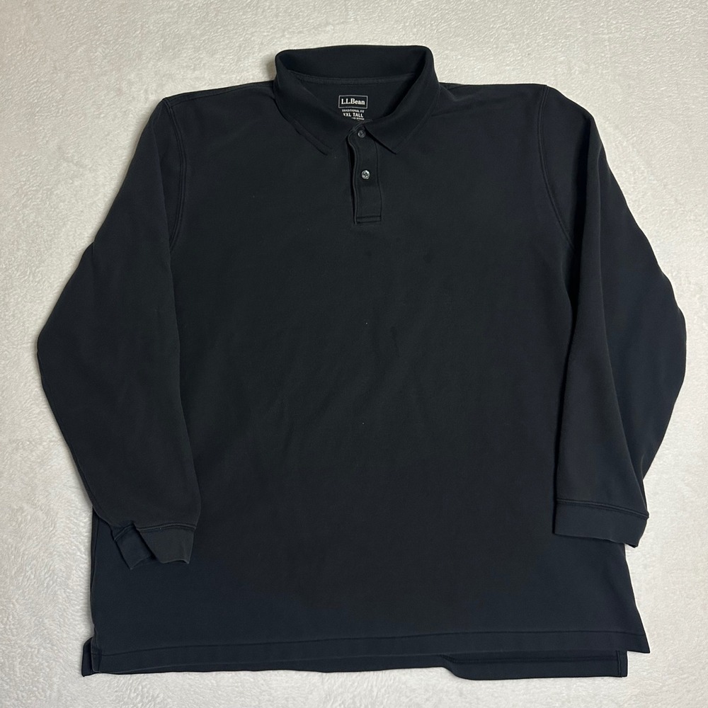 LL Bean Men's XXL Tall Long Sleeve Polo Shirt Black Pique Cotton Traditional Fit